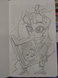 Size: 1536x2048 | Tagged: safe, artist:latecustomer, moondancer, pony, unicorn, book, cute, dancerbetes, dungeons and dragons, female, glasses, magic, mare, ogres and oubliettes, solo, traditional art