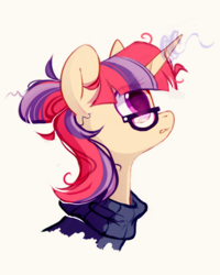 Size: 800x1000 | Tagged: safe, artist:mirtash, moondancer, pony, unicorn, bust, clothes, female, glasses, looking at something, looking up, mare, rcf community, simple background, solo, sweater, white background