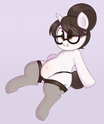 Size: 809x969 | Tagged: safe, artist:toroitimu, raven, pony, unicorn, belly button, chubby, clothes, female, glasses, mare, open mouth, panties, plump, purple background, simple background, smiling, socks, solo, stockings, thick, thigh highs, underwear