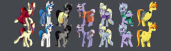 Size: 3000x900 | Tagged: safe, artist:styroponyworks, cloudchaser, derpy hooves, dj pon-3, limestone pie, moondancer, octavia melody, spitfire, vinyl scratch, earth pony, pony, unicorn, alternate hairstyle, clothes, dress, line-up, missing accessory, simple background