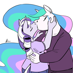 Size: 1280x1280 | Tagged: safe, artist:rwl, princess celestia, twilight velvet, anthro, fanfic:just like old times, blushing, chubby, crack shipping, crying, fanfic, fanfic art, female, floppy ears, hug, kissing, lesbian, lidded eyes, long neck, looking at each other, looking down, looking up, shipping, simple background, smiling, tears of joy, velestia