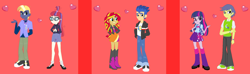 Size: 2248x668 | Tagged: safe, artist:owletbrigthness, comet tail, flash sentry, moondancer, sunset shimmer, twilight sparkle, equestria girls, cometlight, eqg promo pose set, female, flashimmer, male, moontracker, shipping, straight