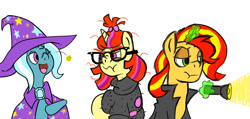 Size: 900x428 | Tagged: safe, artist:sonicboy112, moondancer, sunset shimmer, trixie, unicorn, cape, clothes, female, flashlight (object), hat, magic, mare, one eye closed, simple background, sweater, trio, trixie's cape, trixie's hat, white background, wink