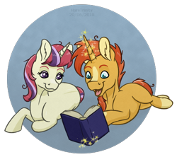 Size: 546x485 | Tagged: safe, artist:haretrinity, moondancer, sunburst, pony, unicorn, abstract background, book, female, male, mare, missing accessory, prone, reading, shipping, stallion, straight, sundancer