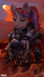 Size: 800x1400 | Tagged: safe, artist:varllai, moondancer, anthro, unicorn, adepta sororitas, alternate hairstyle, armor, female, mare, power armor, power sword, purity seal, solo, sword, tattoo, warhammer (game), warhammer 40k, weapon