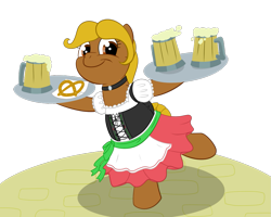 Size: 903x721 | Tagged: safe, artist:dieoberuser, oc, oc only, oc:honey wheat, alcohol, beer, choker, chubby, clothes, dirndl, dress, food, oktoberfest, pretzel, solo