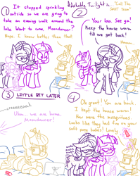 Size: 1280x1611 | Tagged: safe, artist:adorkabletwilightandfriends, moondancer, spike, starlight glimmer, twilight sparkle, twilight sparkle (alicorn), alicorn, dragon, insect, mosquito, pony, unicorn, comic:adorkable twilight and friends, adorkable twilight, bed, bug bite, comic, cream, game, itch, itchy, lineart, lying down, mosquito bite, scratching, slice of life, tablet, teasing, video game