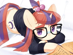 Size: 2048x1536 | Tagged: safe, artist:30clock, moondancer, pony, unicorn, amending fences, book, cute, female, glasses, mare, prone, sad, sadorable, solo