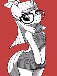 Size: 1536x2048 | Tagged: safe, artist:30clock, moondancer, pony, unicorn, backless, bipedal, clothes, cute, female, glasses, looking away, mare, open-back sweater, simple background, sleeveless sweater, solo, sweater, virgin killer sweater