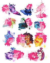 Size: 1179x1500 | Tagged: safe, artist:eqq_scremble, moondancer, pinkie pie, princess celestia, princess ember, princess luna, queen chrysalis, saffron masala, spitfire, starlight glimmer, tree hugger, trixie, twilight sparkle, twilight sparkle (alicorn), alicorn, changeling, changeling queen, classical unicorn, dragon, earth pony, pony, unicorn, alternate design, alternate hairstyle, bandana, beard, blushing, bust, chryssie pie, cloven hooves, crack shipping, ear piercing, earring, empie, facial hair, female, glasses, hat, headband, interspecies, jewelry, kissing, kissing on the cheek, leonine tail, lesbian, lunapie, magic, moonpie, piercing, pink-mane celestia, pinkie pie gets all the mares, pinkiehugger, pinkielestia, saffronpie, shipping, spitpie, starpie, trixiepie, twinkie, unshorn fetlocks, whispering