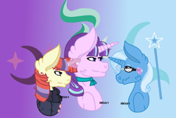 Size: 772x516 | Tagged: safe, artist:kitkatbug1, moondancer, starlight glimmer, trixie, pony, unicorn, female, lesbian, shipping, startrix