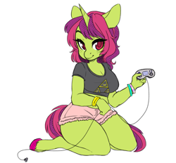 Size: 1213x1127 | Tagged: safe, artist:8-bitwitch, derpibooru import, oc, oc only, oc:arcade fever, anthro, unicorn, bracelet, breasts, cleavage, clothes, controller, futa, intersex, jewelry, painted hooves, shorts, sitting, solo