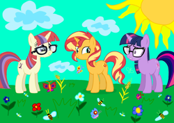 Size: 2000x1414 | Tagged: safe, artist:katya, moondancer, sci-twi, sunset shimmer, twilight sparkle, female, glasses