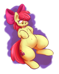 Size: 1000x1250 | Tagged: safe, artist:bellspurgebells, apple bloom, earth pony, pony, adorabloom, applebucking thighs, belly, belly button, chubby, cute, female, freckles, solo, tongue out