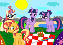 Size: 2000x1414 | Tagged: safe, artist:katya, moondancer, sci-twi, sunset shimmer, twilight sparkle, twilight sparkle (alicorn), alicorn, pony, unicorn, better together, equestria girls, camping, counterparts, female, glasses, hair bun, mare, picnic, twilight's counterparts, twolight, unicorn sci-twi