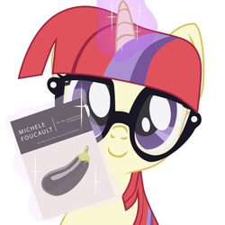 Size: 2800x2800 | Tagged: safe, artist:aaronmk, moondancer, pony, unicorn, aubergine, book, bust, eggplant, female, food, glasses, looking at you, magic, mare, michel foucault, portrait, simple background, solo, the history of sexuality, white background