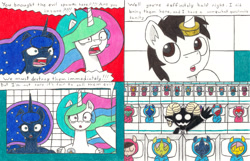 Size: 3395x2181 | Tagged: safe, artist:eternaljonathan, princess celestia, princess luna, oc, oc:nemo, alicorn, pony, comic:a new twist, badge, chubby, clone, comic, female, foal, horn ring, mare, monitor, royal sisters, traditional art