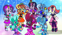 Size: 1280x720 | Tagged: safe, artist:徐詩珮, glitter drops, moondancer, spring rain, starlight glimmer, sunset shimmer, tempest shadow, trixie, twilight sparkle, twilight sparkle (alicorn), alicorn, semi-anthro, unicorn, broken horn, clothes, counterparts, dress, horn, magical girl, precure, tomboy taming, twilight's counterparts