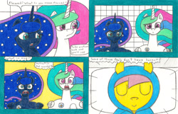 Size: 3395x2189 | Tagged: safe, artist:eternaljonathan, princess celestia, princess luna, alicorn, pony, comic:a new twist, badge, chubby, comic, female, foal, mare, monitor, royal sisters, science fiction, traditional art