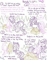 Size: 1280x1611 | Tagged: safe, artist:adorkabletwilightandfriends, moondancer, spike, starlight glimmer, oc, oc:pinenut, cat, dragon, pony, unicorn, comic:adorkable twilight and friends, above, adorkable friends, adorkable twilight, angles, backyard, bedroom eyes, blushing, building, comic, female, flirt, flirting, flirty, hammer, lineart, male, mare, nails, plot, smiling, tail seduce, teasing, top down