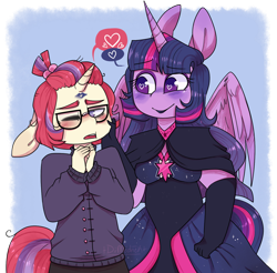 Size: 1280x1261 | Tagged: safe, artist:drmedrick, moondancer, twilight sparkle, twilight sparkle (alicorn), alicorn, anthro, unicorn, black dress, blushing, cheek pinch, clothes, dress, evening gloves, female, glasses, gloves, hair tie, heart, heart eyes, lesbian, long gloves, looking away, mare, one eye closed, open mouth, pictogram, shipping, simple background, sweater, transparent background, twidancer, wingding eyes