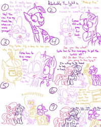 Size: 1280x1611 | Tagged: safe, artist:adorkabletwilightandfriends, lily, lily valley, moondancer, spike, starlight glimmer, twilight sparkle, twilight sparkle (alicorn), alicorn, dragon, earth pony, pony, unicorn, comic:adorkable twilight and friends, adorkable, adorkable twilight, blushing, comic, cute, dork, female, humor, kissing, lilyspike, lineart, lip balm, lipstick, male, shipping, shipping denied, sparlight, spike gets all the mares, spikedancer, straight, surprise kiss, surprised