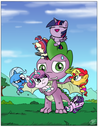 Size: 2550x3300 | Tagged: safe, artist:loreto-arts, moondancer, princess flurry heart, spike, starlight glimmer, sunset shimmer, trixie, twilight sparkle, twilight sparkle (alicorn), alicorn, dragon, pony, unicorn, molt down, age regression, babies, baby, baby pony, babylight glimmer, babylight sparkle, babyset shimmer, book, cloud, counterparts, cute, dancerbetes, diaper, diatrixes, female, flurrybetes, glasses, glimmerbetes, grass, grass field, high res, male, mountain, nom, outdoors, ponytail, reading, shimmerbetes, sky, tree, twiabetes, twilight's counterparts, winged spike, younger