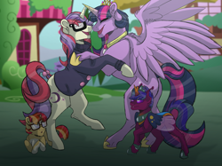 Size: 2732x2048 | Tagged: safe, artist:percy-mcmurphy, moondancer, twilight sparkle, twilight sparkle (alicorn), oc, oc:alistair, oc:stardust, alicorn, changedling, changeling, changepony, hybrid, antennae, colored sclera, confused, dancing, fangs, house, hybrid wings, interspecies offspring, offspring, old friend, parent:moondancer, parent:sunburst, parent:thorax, parent:twilight sparkle, parents:sundancer, parents:twirax