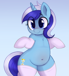 Size: 827x911 | Tagged: safe, artist:toroitimu, minuette, pony, unicorn, belly, belly button, bipedal, blushing, chubby, clothes, cute, female, gradient background, heart eyes, mare, minubetes, plump, smiling, socks, solo, stockings, thigh highs, wingding eyes