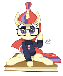Size: 1838x2240 | Tagged: dead source, safe, artist:branewashpv, moondancer, pony, unicorn, :3, book, clothes, cute, dancerbetes, female, glasses, heart eyes, looking at you, mare, simple background, sitting, smiling, solo, sweater, transparent background, wingding eyes
