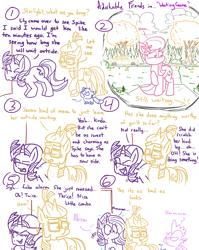 Size: 1280x1611 | Tagged: safe, artist:adorkabletwilightandfriends, lily, lily valley, moondancer, spike, starlight glimmer, oc, oc:pinenut, cat, dragon, earth pony, pony, unicorn, comic:adorkable twilight and friends, adorkable, adorkable friends, car, caught, caught red hooved, cloud, comic, cute, door, dork, front door, guilty, humor, jealous, leaves, lineart, pathway, peek hole, peep hole, spike is not amused, tree, unamused, volvo, waiting, yard