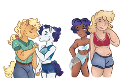 Size: 1024x630 | Tagged: safe, artist:bewarethemusicman, applejack, rarity, anthro, human, alternate hairstyle, belly button, belt, bikini, chubby, clothes, dark skin, eyes closed, female, freckles, humanized, lesbian, midriff, one eye closed, plump, rarijack, shipping, shorts, swimsuit