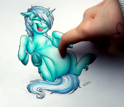 Size: 2698x2322 | Tagged: safe, artist:lupiarts, lyra heartstrings, human, pony, unicorn, belly, breaking the fourth wall, chubby, cute, female, hand, interactive, laughing, lying down, mare, on back, plump, simple background, tickling, traditional art, underhoof