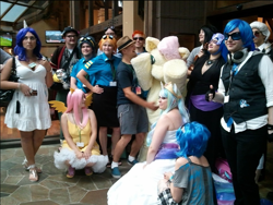 Size: 1025x769 | Tagged: safe, artist:layettes, dj pon-3, fluttershy, princess celestia, soarin', spitfire, vinyl scratch, human, cosplay, everfree northwest, fursuit, group photo, irl, irl human, james wootton, photo