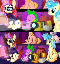 Size: 1830x1946 | Tagged: safe, artist:mandy1412, distant star, moondancer, spike, dragon, pony, unicorn, the cutie re-mark, clipboard, comparison, cutie mark, female, glowing horn, magic, male, mare, missing cutie mark, projector, scene interpretation, sitting, sleeping, smiling, telekinesis