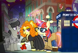 Size: 1000x684 | Tagged: safe, artist:pixelkitties, adagio dazzle, moondancer, octavia melody, earth pony, pony, doctor who, equestria girls ponified, jodie whittaker, kazumi evans, pixelkitties' brilliant autograph media artwork, police box, ponified, show accurate, sonic screwdriver, statue, tardis, thirteenth doctor, weeping angel