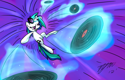 Size: 3911x2500 | Tagged: safe, artist:loosepopcorn, dj pon-3, vinyl scratch, pony, unicorn, colored pupils, cutie mark, female, fight, glowing horn, gritted teeth, high res, hooves, horn, levitation, magic, mare, record, signature, smiling, solo, sunglasses, teeth, telekinesis, weapon