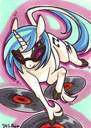 Size: 356x500 | Tagged: safe, artist:alienfirst, dj pon-3, vinyl scratch, classical unicorn, pony, unicorn, leonine tail, record, records, solo