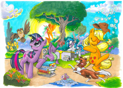 Size: 900x645 | Tagged: safe, artist:andypriceart, idw, applejack, dj pon-3, princess celestia, spike, twilight sparkle, vinyl scratch, winona, alicorn, dragon, earth pony, pony, unicorn, comic book, idw advertisement, the hoof beats