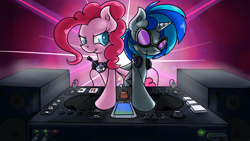 Size: 1920x1080 | Tagged: safe, artist:twilightsquare, dj pon-3, pinkie pie, vinyl scratch, earth pony, pony, unicorn, duo, duo female, female, mare, turntable