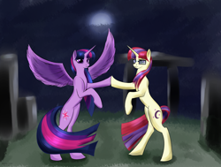 Size: 2820x2130 | Tagged: safe, artist:renarde-louve, moondancer, twilight sparkle, twilight sparkle (alicorn), alicorn, pony, bipedal, dancing, female, lesbian, moon, shipping, stonehenge, twidancer