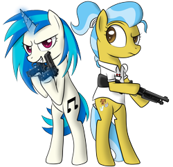 Size: 3725x3594 | Tagged: safe, artist:pustulioooooo, dj pon-3, doctor fauna, vinyl scratch, earth pony, pony, unicorn, bipedal, cutie mark, dual wield, female, glowing horn, gun, handgun, high res, hooves, horn, levitation, magic, mare, pistol, shotgun, smiling, sunglasses, teeth, telekinesis, weapon