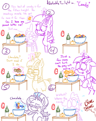 Size: 1280x1611 | Tagged: safe, artist:adorkabletwilightandfriends, moondancer, spike, starlight glimmer, twilight sparkle, twilight sparkle (alicorn), alicorn, dragon, pony, unicorn, comic:adorkable twilight and friends, adorkable, adorkable twilight, autumn, candy, chocolate, clock, comic, cute, doorbell, dork, food, halloween, holiday, humor, lineart, nervous, nightmare night, pumpkin, slice of life, tongue out