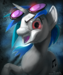 Size: 579x678 | Tagged: dead source, safe, artist:hinoraito, dj pon-3, vinyl scratch, pony, unicorn, bust, evil laugh, looking at you, solo