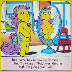 Size: 800x800 | Tagged: safe, bon bon (g1), pony, comic:my little pony (g1), g1, my little pony tales, bipedal, bow, chair, chubby, indoors, mirror, official, out of context, profile, solo, tail bow, weight woe