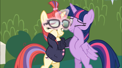 Size: 1671x936 | Tagged: safe, screencap, moondancer, twilight sparkle, twilight sparkle (alicorn), alicorn, pony, unicorn, amending fences, clothes, crying, female, glasses, glowing horn, levitation, magic, sweater, tears of joy, telekinesis, wings