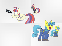 Size: 1280x952 | Tagged: safe, artist:heir-of-rick, lemon hearts, moondancer, pony, unicorn, clothes, duo, eyes closed, fallout, fallout 76, female, glasses, impossibly large ears, mare, open mouth, pipbuck, raised hoof, vault suit, wip