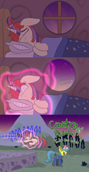 Size: 1280x2468 | Tagged: safe, artist:heir-of-rick, lemon hearts, moondancer, earth pony, pony, unicorn, bed, bed mane, clothes, comic, dialogue, duo, fallout, fallout 76, female, glasses, magic, magic abuse, mare, pipbuck, raised hoof, screaming, singing, sleeping, take me home country roads, telekinesis, vault suit