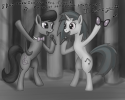 Size: 800x640 | Tagged: safe, artist:willygalleta, dj pon-3, octavia melody, vinyl scratch, earth pony, pony, unicorn, bipedal, duet, female, lesbian, monochrome, scratchtavia, shipping, singing