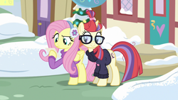 Size: 1280x720 | Tagged: safe, edit, edited screencap, screencap, fluttershy, moondancer, pegasus, pony, best gift ever, clothes, earmuffs, glasses, snow, sweater